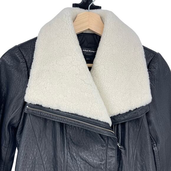 MACKAGE | Black Lambskin Leather Shearling Moto Aviator Jacket XXS - Picture 5 of 16